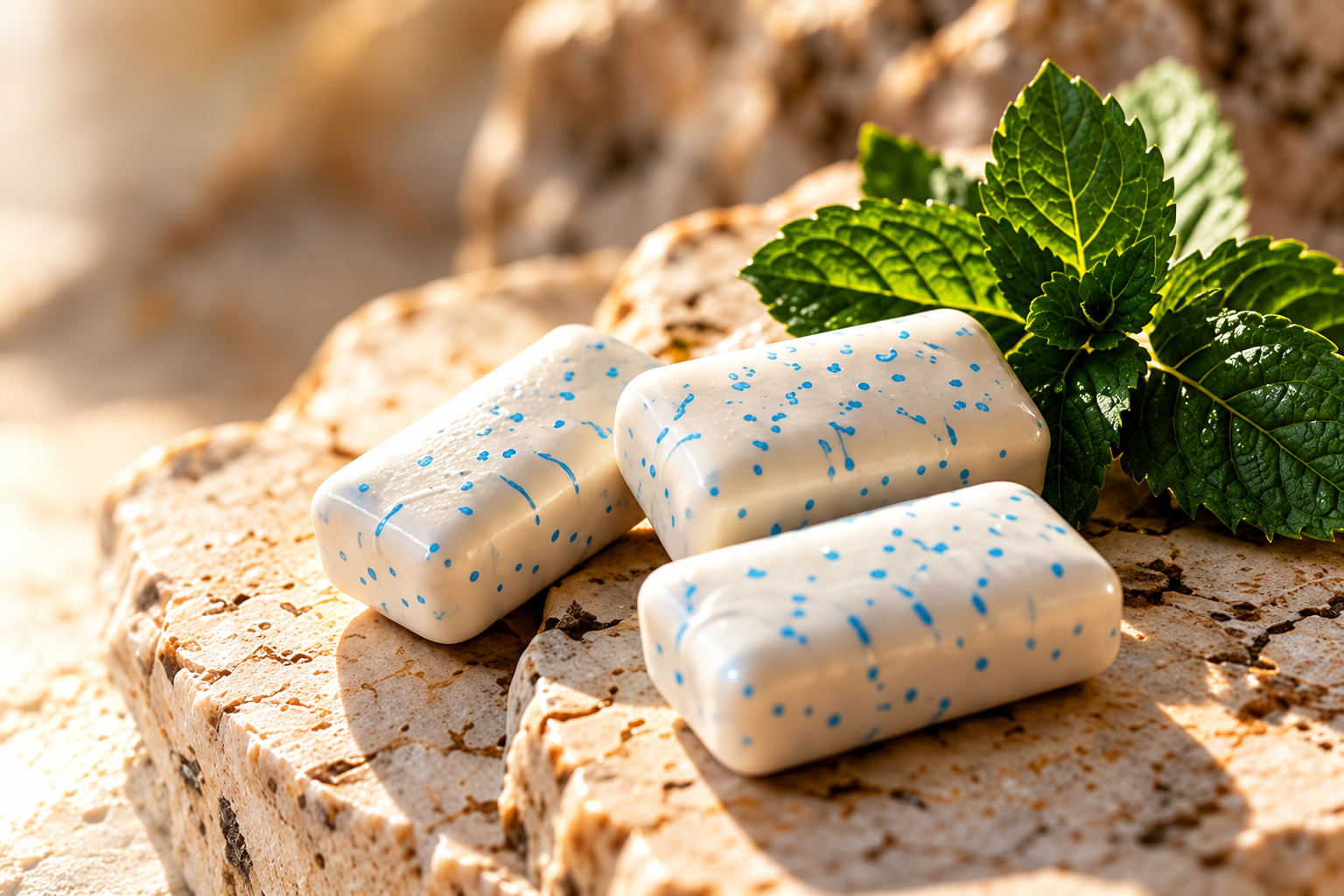 Close-up of FERAL concept gum pieces with fresh mint on warm stone