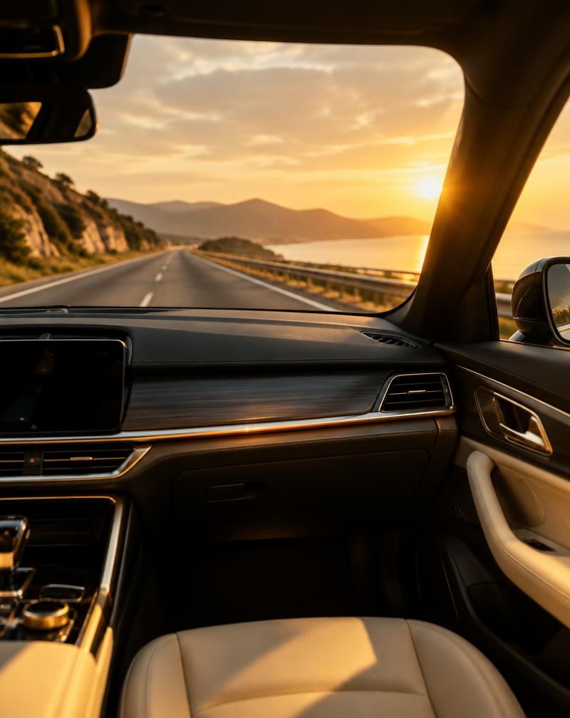 Clean car interior looking out over an open highway at golden hour