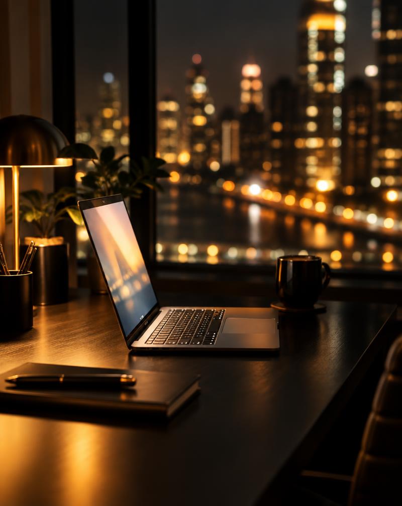 Laptop on a dark desk in front of a window with warm city lights at night