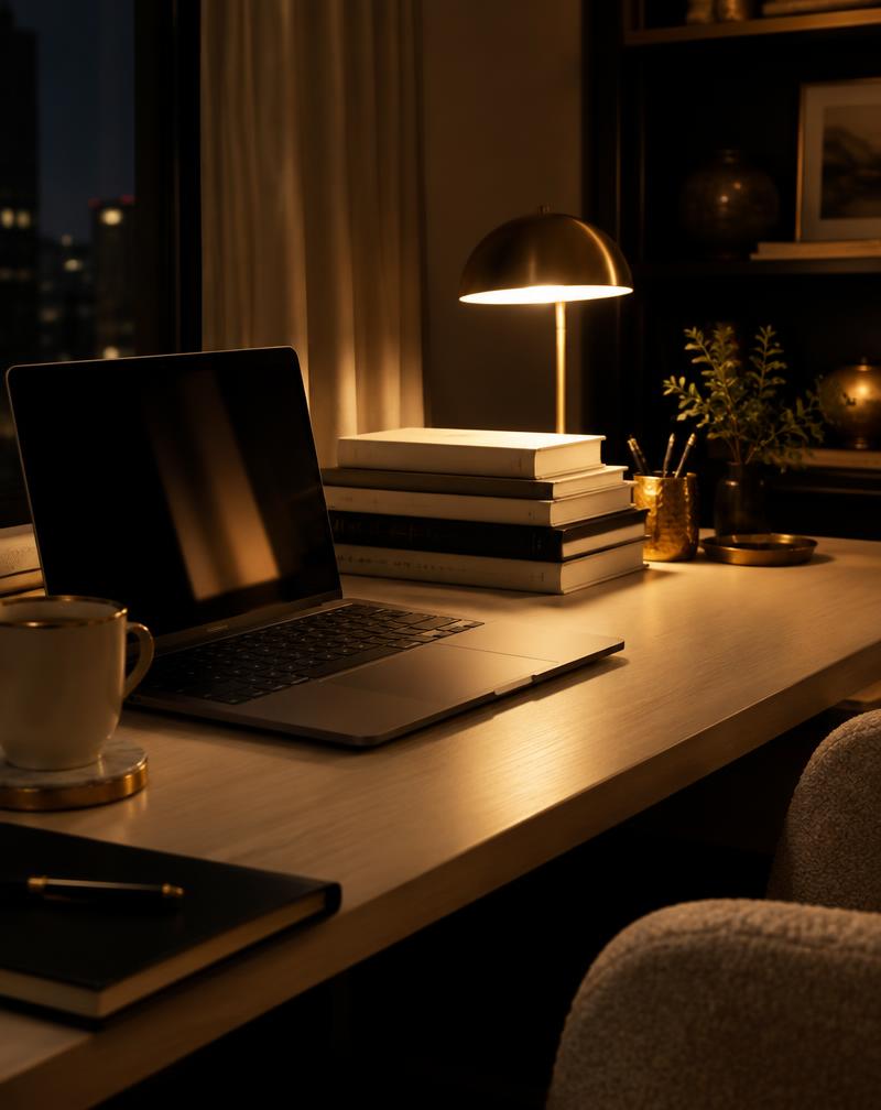 Late-night study desk with a laptop, stacked books and a warm brass lamp