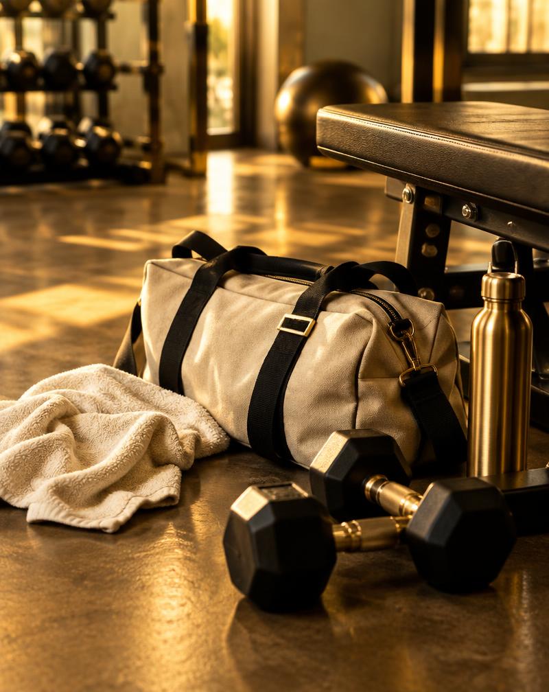 Gym bag, dumbbells and a towel on the gym floor in warm golden light
